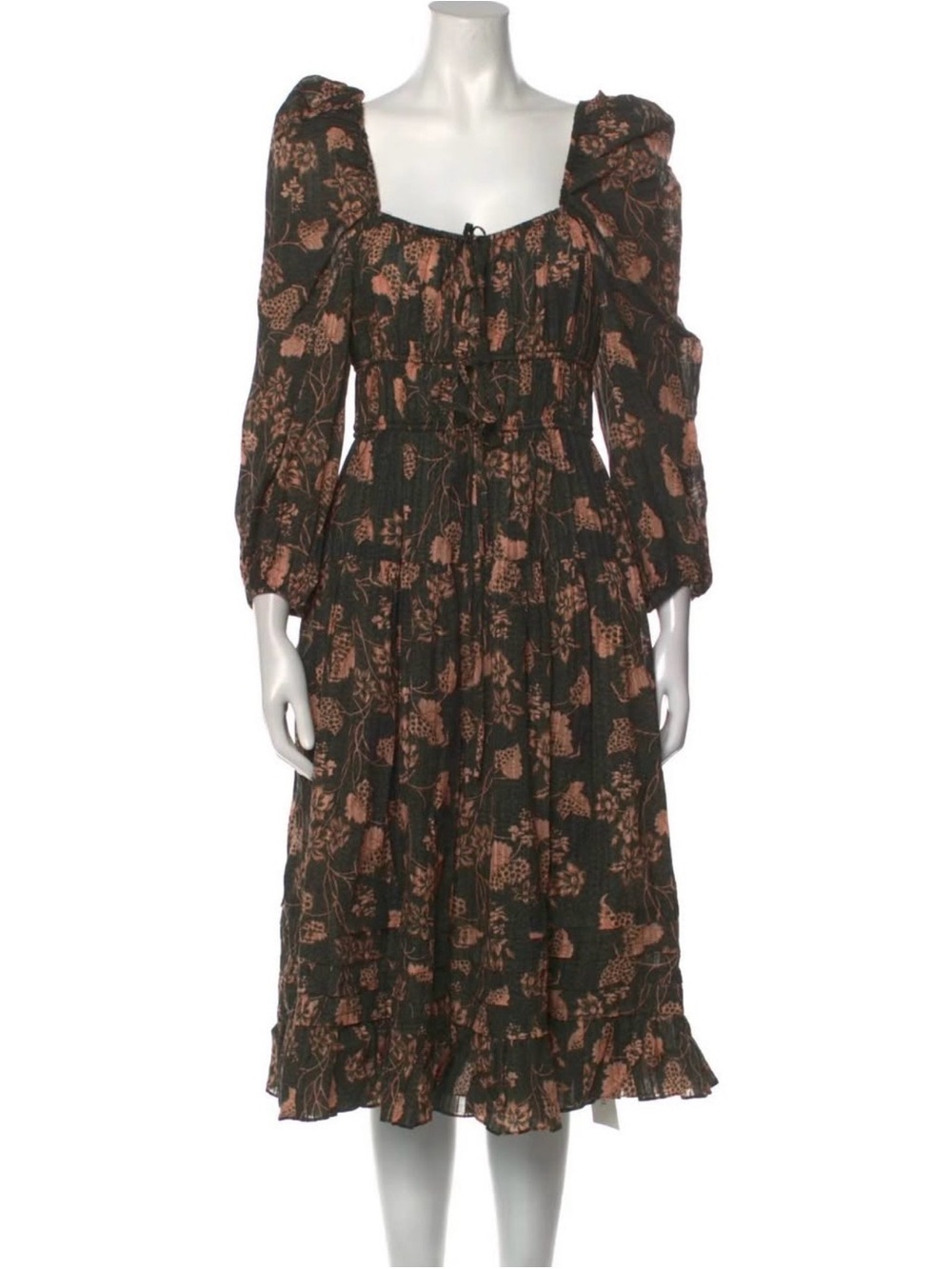 Ulla Johnson Dark Green Midi Dress with Rust Floral Print